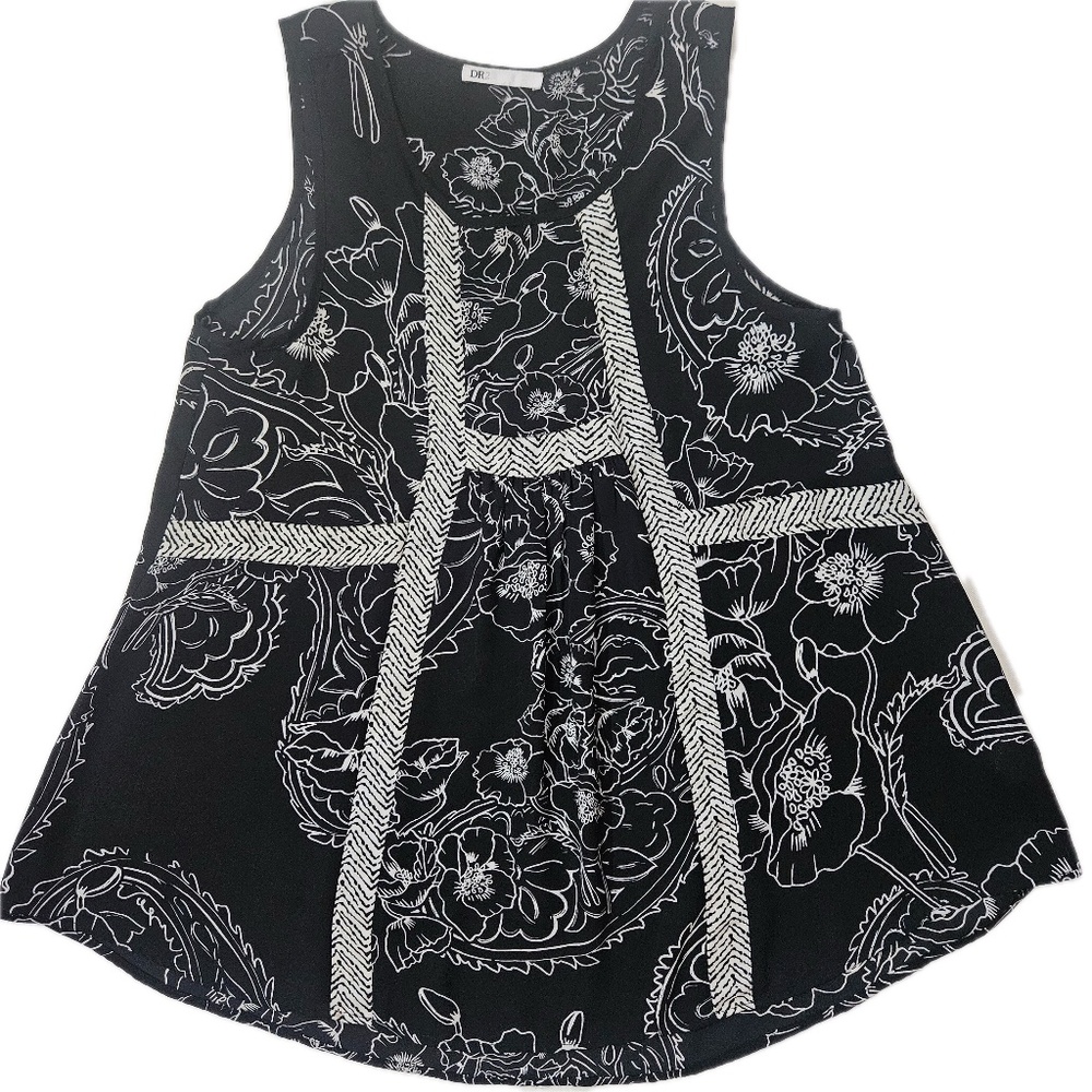 DR2 Blouse Womens M Black Tunic Floral Round Neck‎ Sleeveless Relaxed Fit